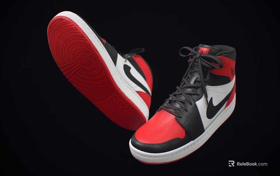 Stylish High Top Sneakers Red Black White Colorway With Red Sole And Nike Logo Design 3d model 