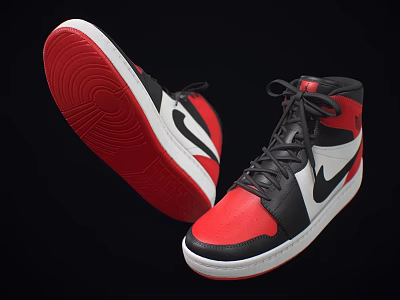 Stylish High Top Sneakers Red Black White Colorway With Red Sole And Nike Logo Design 3d model