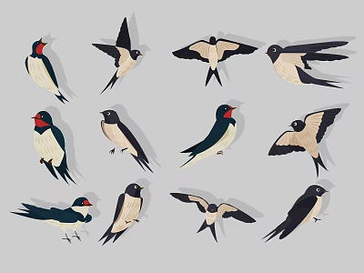 Flying Animals Swallows In Various Flight And Perching Poses Illustration 3d model