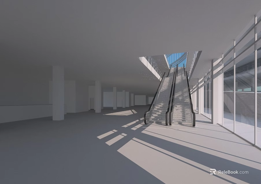 Modern Interior Space With Escalator Glass Windows White Pillars And Sunlight Shadows On Gray Floor 3d model 