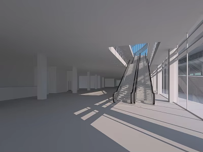 Modern Interior Space With Escalator Glass Windows White Pillars And Sunlight Shadows On Gray Floor 3d model