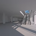 Modern Interior Space With Escalator Glass Windows White Pillars And Sunlight Shadows On Gray Floor