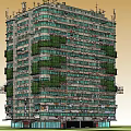 Dense Urban High Rise Building With Numerous Windows And External Structures