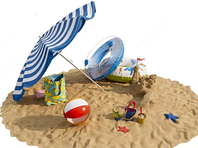 Beach Essentials With Blue White Striped Umbrella Inflatable Ring Beach Ball Sand Toys and Starfish 3d model