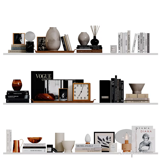 Stylish Decorative Ornament Set With Vases Books Clock And Magazine For Shelf 3d model 