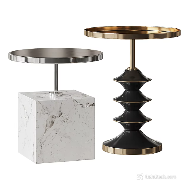 Modern Side Tables with White Marble Base Round Metal Top and Black Spiral Gold Accents 3d model 