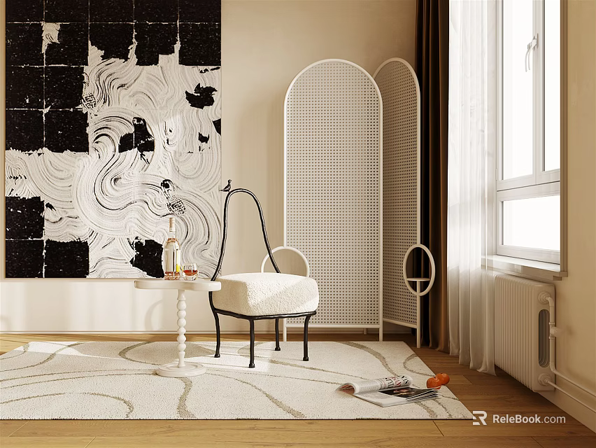 Modern White Woven Chair with Cushion in Room with Beige Rug Decorative Screen and Artwork 3d model 