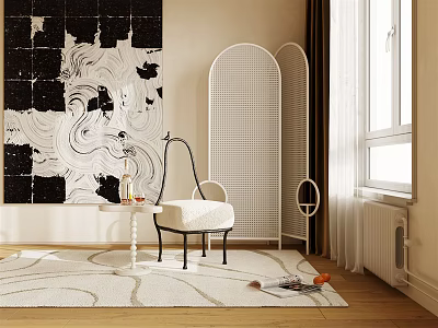 Modern White Woven Chair with Cushion in Room with Beige Rug Decorative Screen and Artwork 3d model