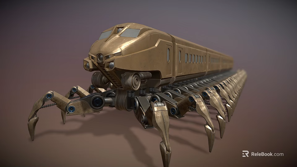 Golden Mechanical Spider Train With Long Legs And Metallic Body 3d model 