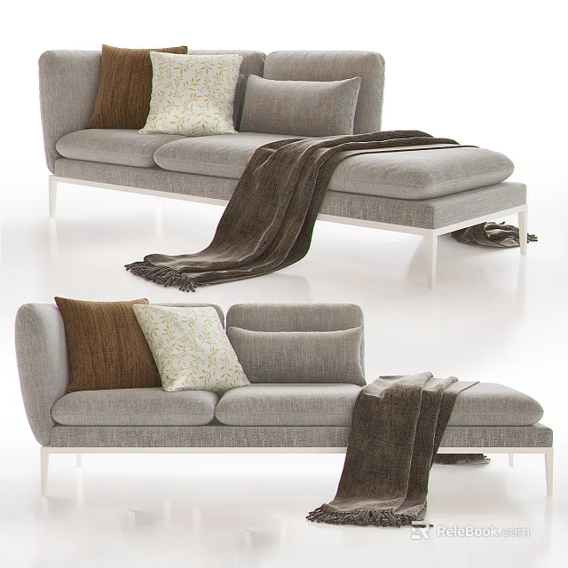 Modern Gray Three Seater Sofa With Decorative Pillows Cozy Blanket And Metal Legs 3d model 