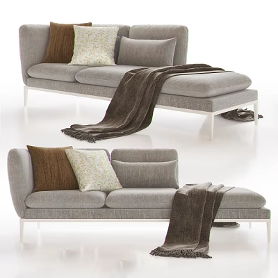 Modern Gray Three Seater Sofa With Decorative Pillows Cozy Blanket And Metal Legs 3d model