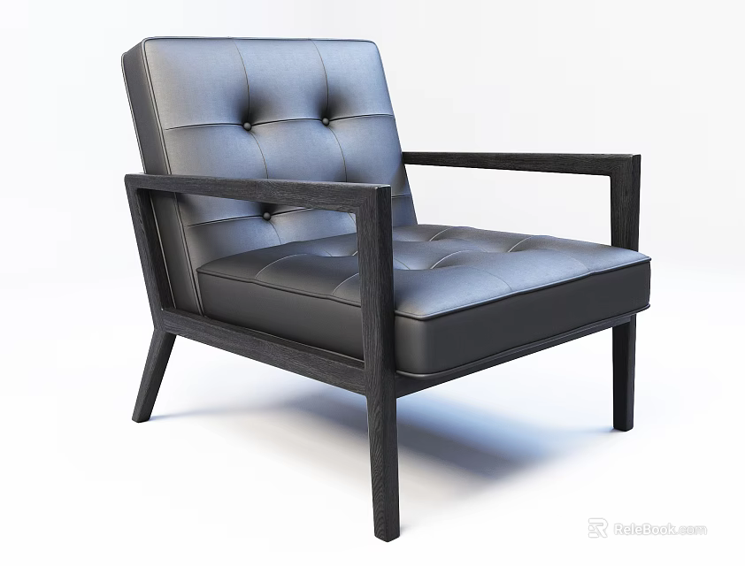 Black Leather Single Sofa With Button Tufted Backrest And Wooden Armrests Modern Design 3d model