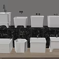 White Washbasins Various Styles On Black Marble Countertop With White Wall And Light Wooden Floor