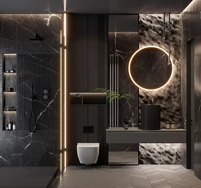 Modern Bathroom Interior Design With Black Marble Walls Round Backlit Mirror And Vanity 3d model