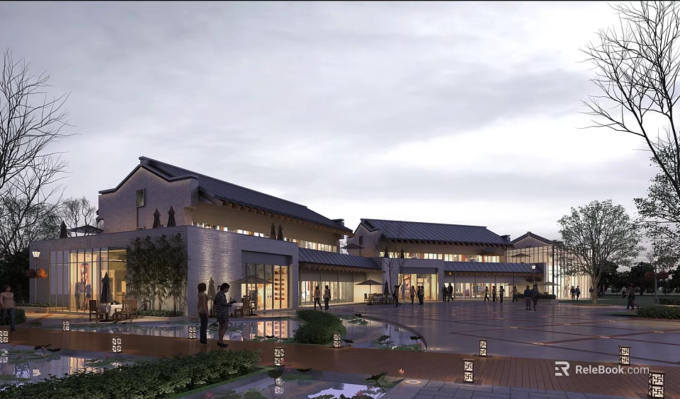 Traditional Style Commercial Complex Featuring Modern Glass Facade Open Plaza Pedestrian Flow And Landscaped Greenery 3d model 