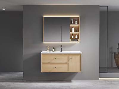 Modern Wall Mounted Bathroom Vanity with Backlit Mirror Wooden Drawers and Gray Wall 3d model