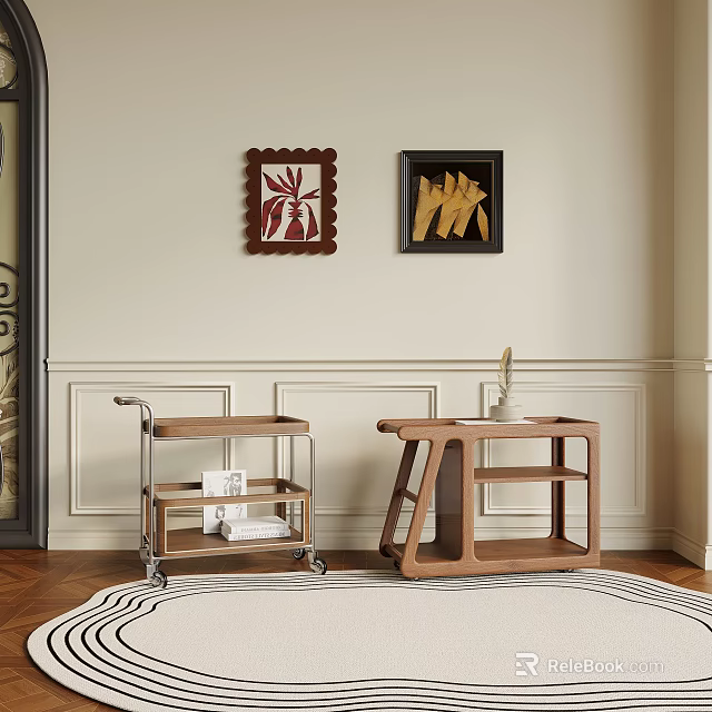 Wooden Side Tables With Wheeled Cart And Modern Design In Living Room With Decorative Art 3d model 