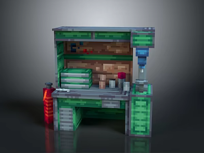 Minecraft Inspired Blocky Workbench With Green Gray Blocks And Top Items 3d model