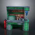 Minecraft Inspired Blocky Workbench With Green Gray Blocks And Top Items