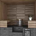 Modern Shower Sauna Interior With Wooden Panel Walls Sauna Heater Bucket Ladle And Seating Area