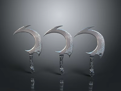 Three Silver Scythe Weapons with Intricate Patterned Handles and Shiny Finish 3d model