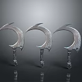 Three Silver Scythe Weapons with Intricate Patterned Handles and Shiny Finish