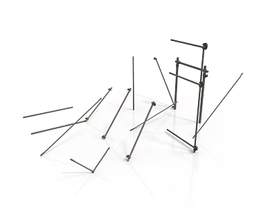 Black Metal Rods and Brackets in Scattered Arrangement on White Background 3d model