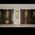 Modern Elevator Hallway Interior Design With Wooden Panel Walls Decorative Painting Green Plants And Stone Ornaments