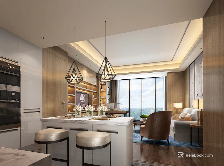 Modern Hotel Room Interior With Comfortable Bed Sofa And City View Through Large Windows 3d model