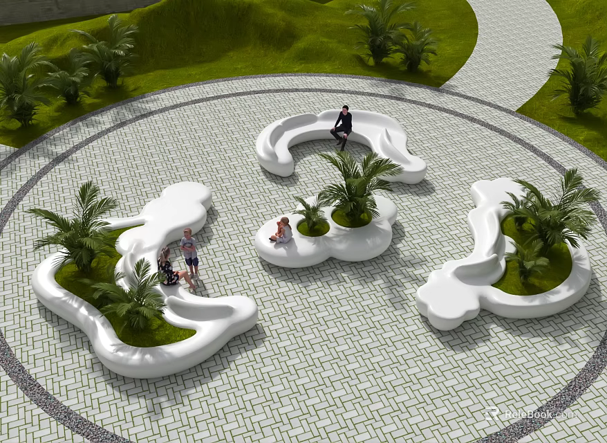 Modern Landscape Seats With Irregular Shape Green Plants And Lawn In Outdoor Recreation Area 3d model 