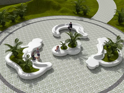 Modern Landscape Seats With Irregular Shape Green Plants And Lawn In Outdoor Recreation Area 3d model