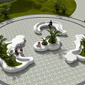 Modern Landscape Seats With Irregular Shape Green Plants And Lawn In Outdoor Recreation Area