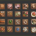 Assorted Food Items on Wooden Trays Including Hamburgers Fried Chicken Salads and Desserts
