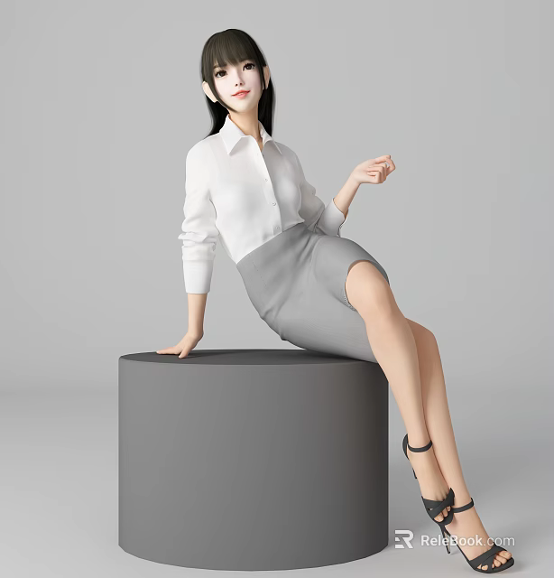 Woman In White Shirt And Gray Skirt Sitting On Gray Cylindrical Platform With High Heels 3d model 