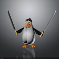 Cartoon Penguin Holding Two Knives Standing On Dark Surface With Happy Expression 3d model