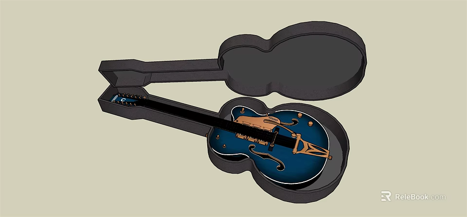 Blue Acoustic Guitar With Gold Accents Inside Open Black Musical Instrument Case 3d model 