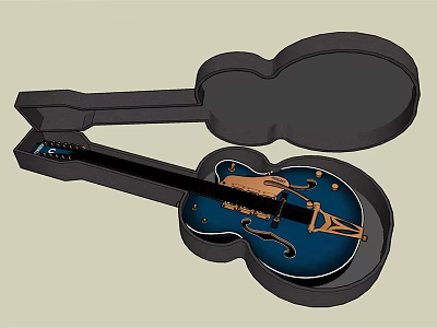 Blue Acoustic Guitar With Gold Accents Inside Open Black Musical Instrument Case 3d model