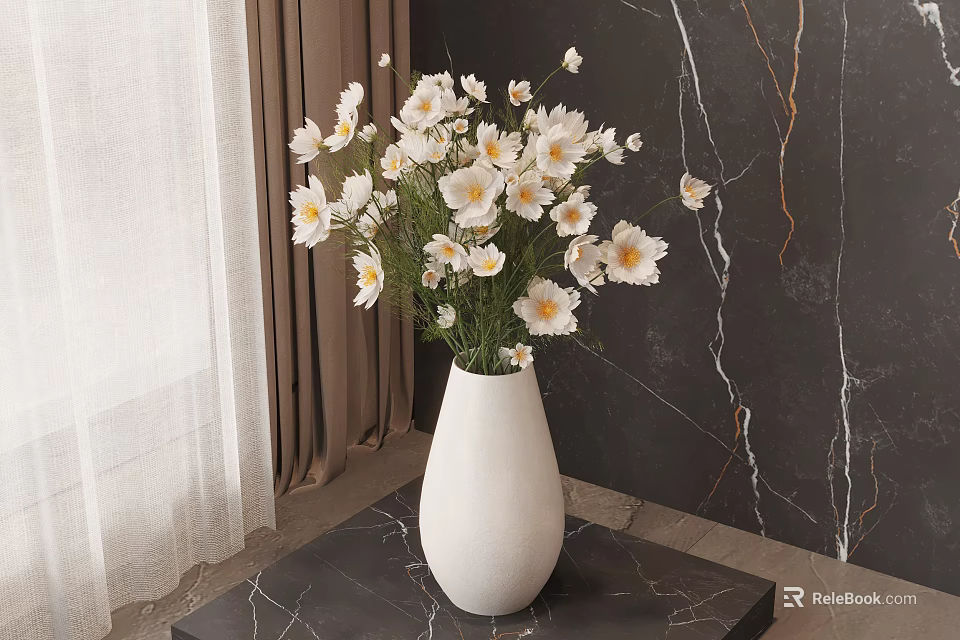 White Vase with White Daisies on Black Marble Tabletop against Dark Marble Wall and Curtain 3d model 