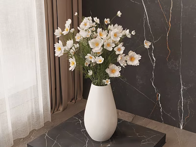White Vase with White Daisies on Black Marble Tabletop against Dark Marble Wall and Curtain 3d model