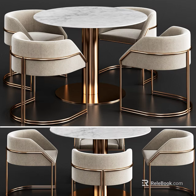 Modern Dining Table Set with Beige Chairs Gold Metal Frame and Round White Marble Top 3d model 