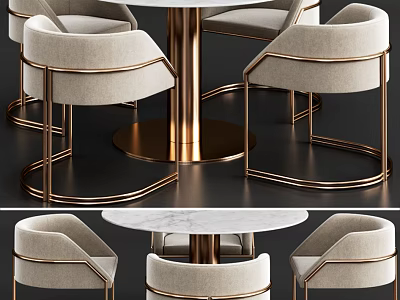 Modern Dining Table Set with Beige Chairs Gold Metal Frame and Round White Marble Top 3d model