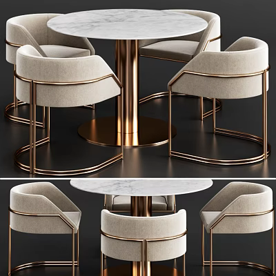 Modern Dining Table Set with Beige Chairs Gold Metal Frame and Round White Marble Top 3d model