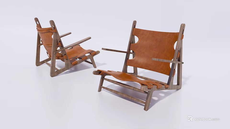 Simple Design Wooden Frame Leisure Chair With Brown Leather Seat And Armrests 3d model 