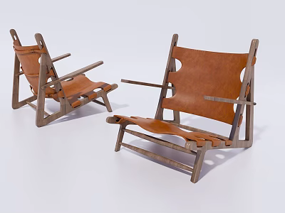 Simple Design Wooden Frame Leisure Chair With Brown Leather Seat And Armrests 3d model