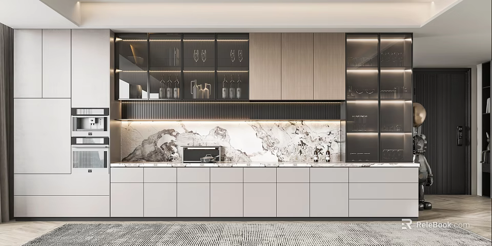 Elegant Modern Wine Cabinet Interior In Open Kitchen With Glass Doors And Marble Backsplash 3d model 