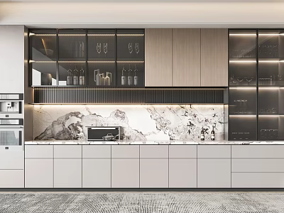 Elegant Modern Wine Cabinet Interior In Open Kitchen With Glass Doors And Marble Backsplash 3d model