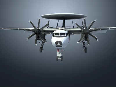 Front View Of White Fighter Jet With Four Propellers And Radar Dome Landing Gear Down 3d model
