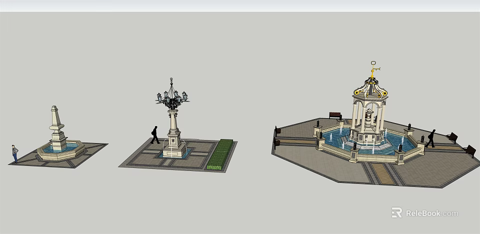 Ornate Decorative Fountain In Public Square With Surrounding Seats And Lamp Posts 3d model 