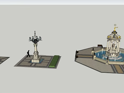 Ornate Decorative Fountain In Public Square With Surrounding Seats And Lamp Posts 3d model