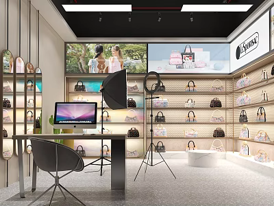 Handbag Boutique Store With Shelves Displaying Various Bags Computer Chair Tripod And Large Screen 3d model